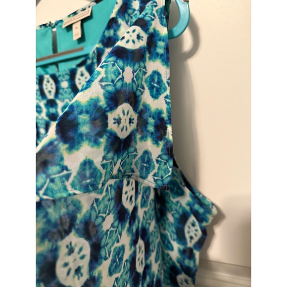 Dana Buchman Women's XL Teal Blue Geometric Print Sleeveless Ruffle Dress Lined - Picture 6 of 14